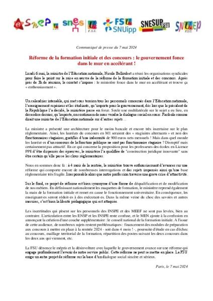 Réforme de la formation initiale et du concours : le gouvernement  fonce dans le mur en accélérant! - Communiqué FSU du 7 mai 2024