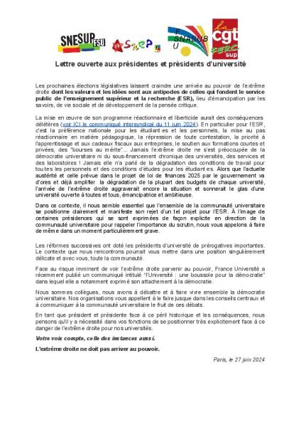 Lettre ouverte aux présidentes et présidents d'université - 27 juin 2024