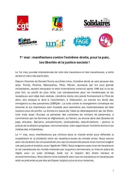 1er mai : manifestons contre l’extrême droite, pour la paix, les libertés et la justice sociale ! - Communiqué intersyndical du 11 avril 2025