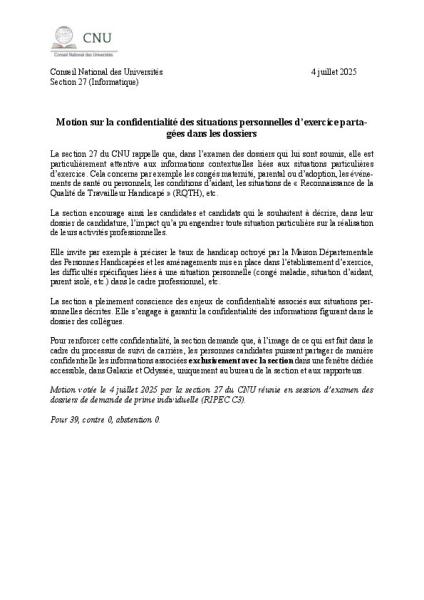 Motion sur la confidentialité des situations personnelles d’exercice parta- gées dans les dossiers