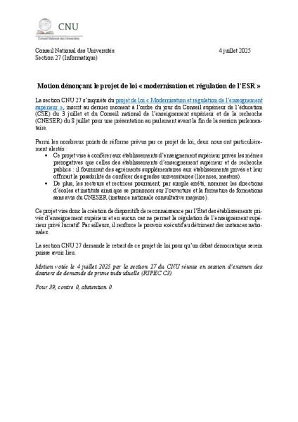 Motion dénonçant le projet de loi « modernisation et régulation de l’ESR »