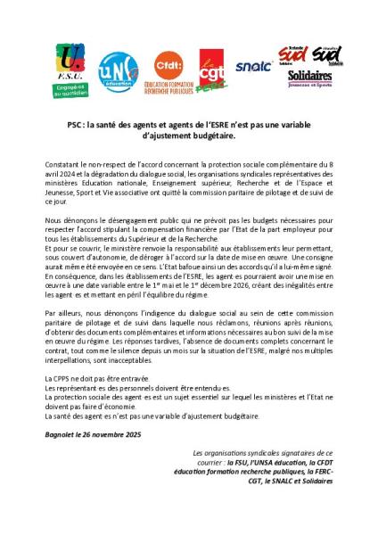 PSC : la santé des agents et agents de l‘ESRE n’est pas une variable d’ajustement budgétaire - Communiqué intersyndical du 26 novembre 2025