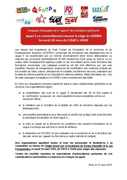 Campagne d’évaluation de la “vague E” des formations supérieures - Appel intersyndical au rassemblement du 18 mars 2025