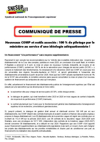 Nouveaux COMP et outils associés : 100 % de pilotage par le ministère au service d’une idéologie adéquationniste !  - Communiqué de presse du 2 mai 2025