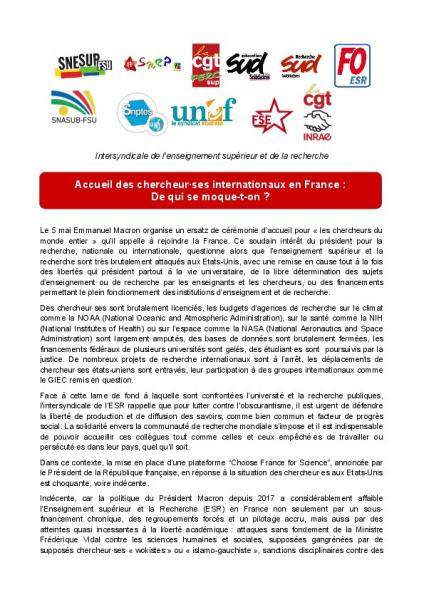Accueil des chercheur·ses internationaux en France : De qui se moque-t-on ? Communiqué de presse du 5 mai 2025