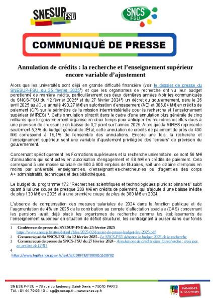 Annulation de crédits : la recherche et l’enseignement supérieur  encore variable d’ajustement - Communiqué de presse du 6 mai 2025