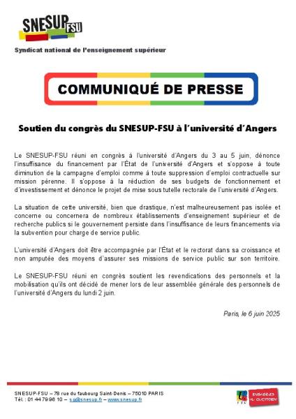 Soutien du congrès du SNESUP-FSU à l’université d’Angers - Communiqué de presse du 6 juin 2025