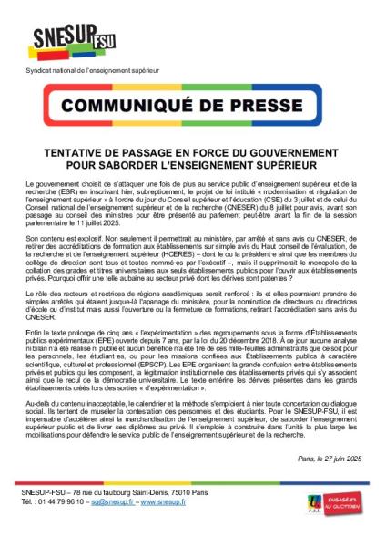 Tentative de passage en force du gouvernement pour saborder l'enseignement supérieur - Communiqué de presse du 27 juin 2025