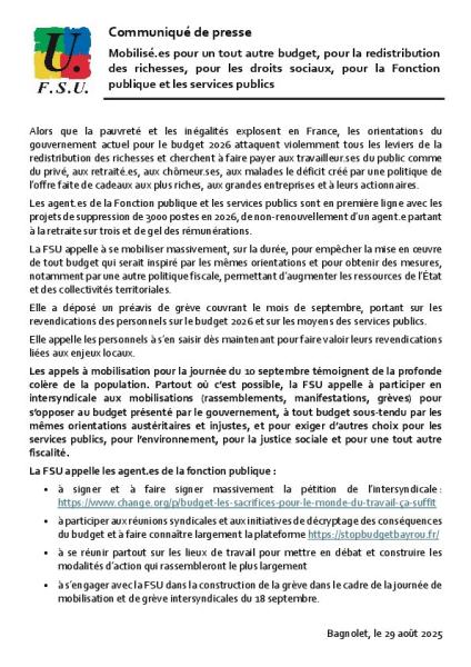 Mobilisé·es pour un tout autre budget... - Communiqué de presse FSU du 29 août 2025