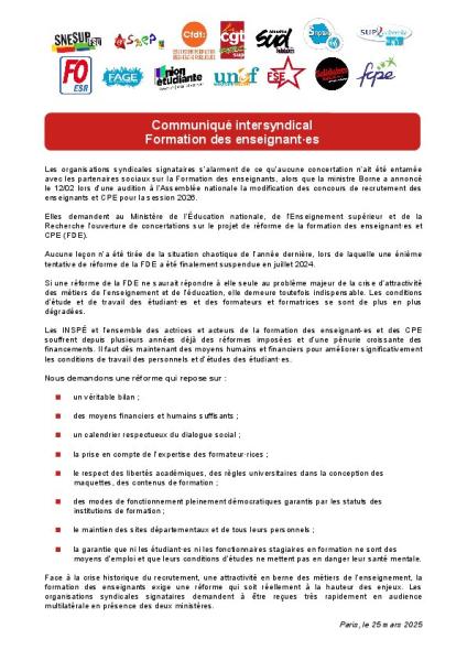 Communiqué intersyndical du 25 mars 2025 sur la formation des enseignant-es 