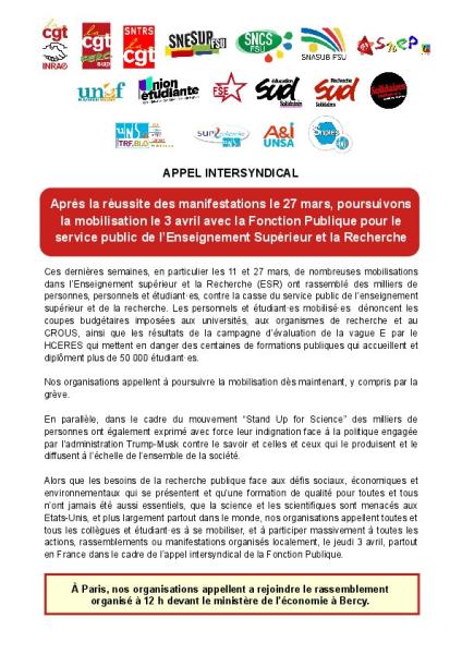 poursuivons la mobilisation le 3 avril avec la Fonction Publique pour le service public de l’Enseignement Supérieur et la Recherche