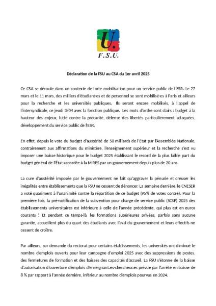 CSA du 1er avril 2025 - Déclaration de la FSU