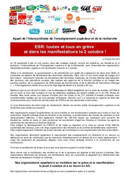 ESR: toutes et tous en grève et dans les manifestations le 2 octobre ! - Communiqué intersyndical du 26 septembre 2025