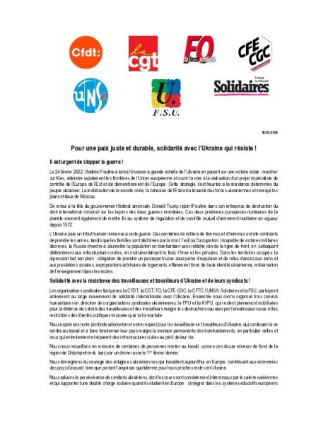 Il est urgent de stopper la guerre ! - Communiqué intersyndical du 17 février 2026