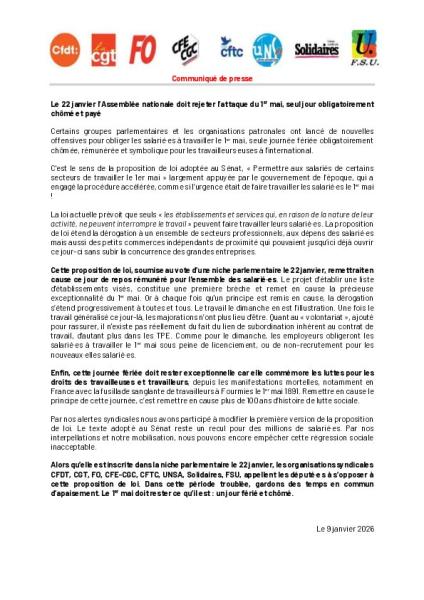 Le 22 janvier l’Assemblée nationale doit rejeter l’attaque du 1er mai, seul jour obligatoirement chômé et payé - Communiqué interfédéral du 9 janvier 2026