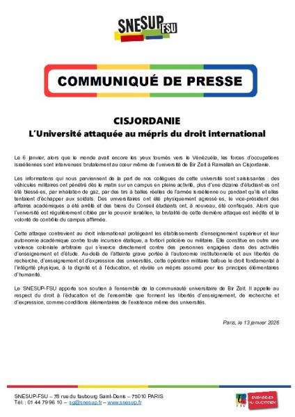 CISJORDANIE : L’Université attaquée au mépris du droit international - Communiqué de presse du SNESUP-FSU du 13 janvier 2026