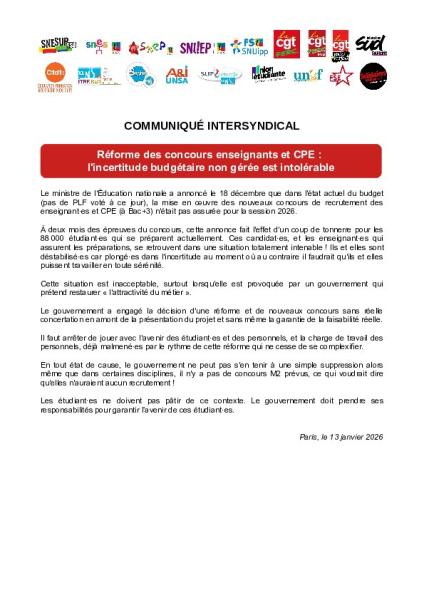 Réforme des concours enseignants et CPE :  l'incertitude budgétaire non gérée est intolérable - Communiqué de presse du 13 janvier 2026