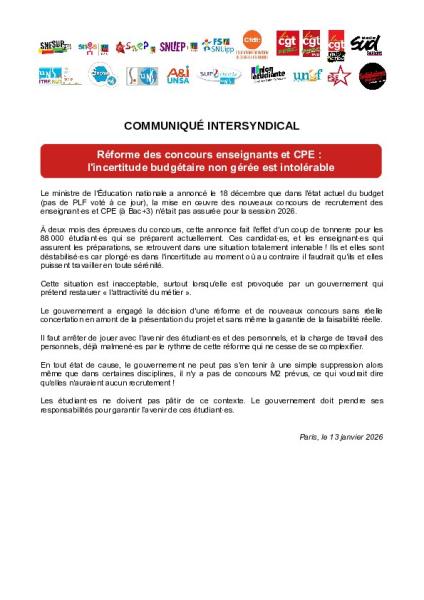 Réforme des concours enseignants et CPE :  l'incertitude budgétaire non gérée est intolérable - Communiqué de presse du 13 janvier 2026