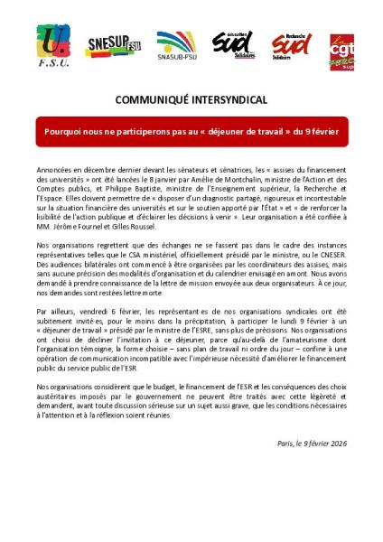 Pourquoi nous ne participerons pas au « déjeuner de travail » du 9 février - Communiqué intersyndical du 9 février 2026