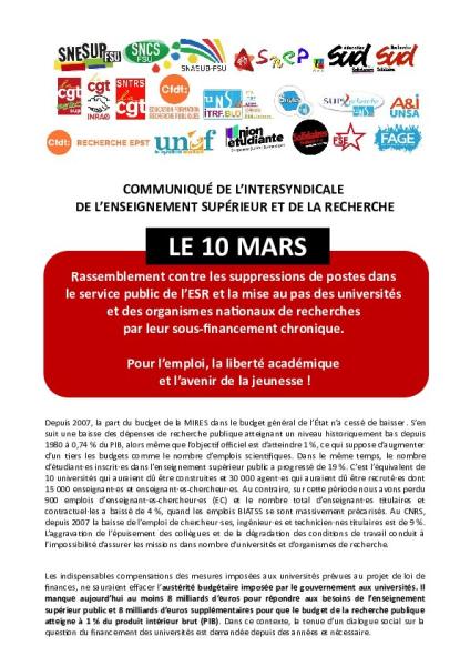 Le 10 mars : rassemblement contre les suppressions de postes dans le service public de l’ESR et la mise au pas des universités et des organismes nationaux de recherches par leur sous-financement chronique.