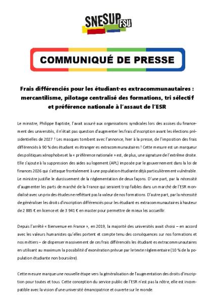 Frais différenciés pour les étudiant·es extracommunautaires : mercantilisme, pilotage centralisé des formations, tri sélectif et préférence nationale à l’assaut de l’ESR - Communiqué du 21 avril 2026