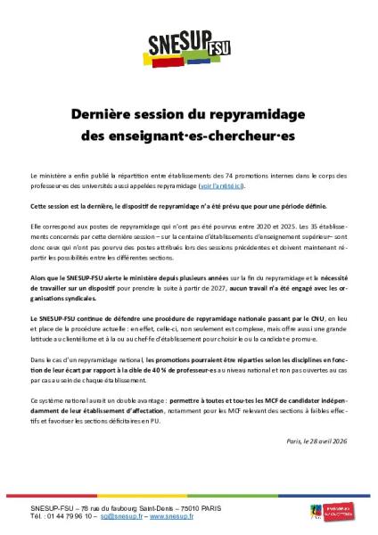 Dernière session du repyramidage des enseignant·es-chercheur·es - Déclaration du SNESUP-FSU du 28 avril 2026