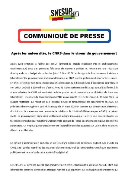 Après les universités, le CNRS dans le viseur du gouvernement - Communiqué de presse du 29 avril 2026