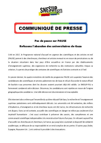 Pas de pause sur PAUSE - Refusons l’abandon des universitaires de Gaza - Communiqué de presse du 7 juillet 2026