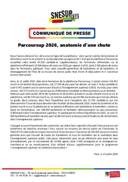 Parcoursup 2026, anatomie d’une chute - Communiqué de presse du 15 juillet 2026