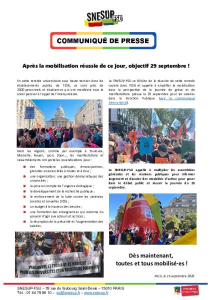 Après la mobilisation réussie de ce jour, objectif 29 septembre ! - Communiqué de presse du SNESUP-FSU du 15 septembre 2026