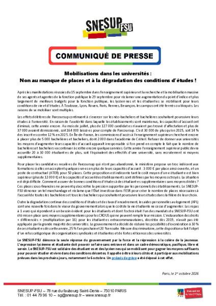 Mobilisations dans les universités : Non au manque de places et à la dégradation des conditions d’études ! - Communiqué du 1er octobre 2026