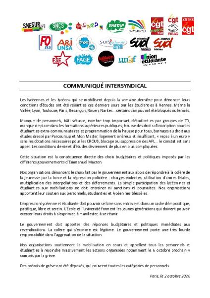 Communiqué intersyndical de soutien à la mobilisation du 6 octobre - 2 octobre 2026