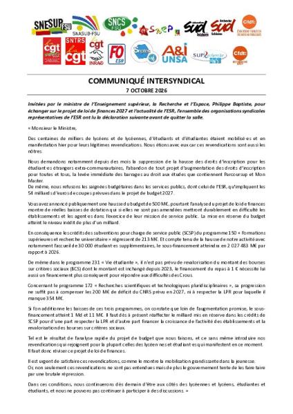  Les organisations syndicales quittent la multilatérale - Communiqué intersyndical du 7 octobre 2026 