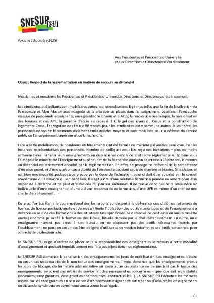 Réglementation en matière de recours au distanciel - Courrier aux président-es d'université et directeurs-trices d'établissement du 13 octobre 2026