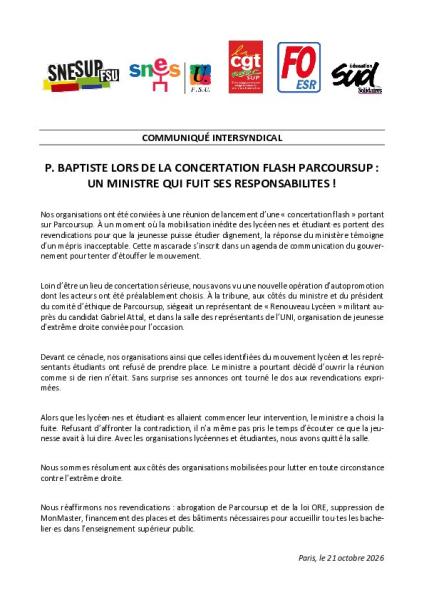 P. Baptiste lors de la concertation flash Parcoursup : un ministre qui fuit ses responsabilités ! - Communiqué intersyndical du 21 octobre 2026