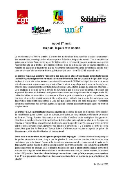 Appel 1er mai : Du pain, la paix et la liberté