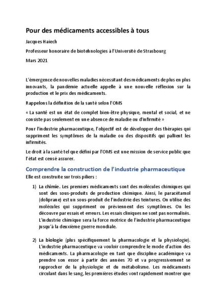 Pour des médicaments accessibles à tous, par Jacques Haiech, Professeur honoraire de biotechnologies à l’Université de Strasbourg - Mars 2021