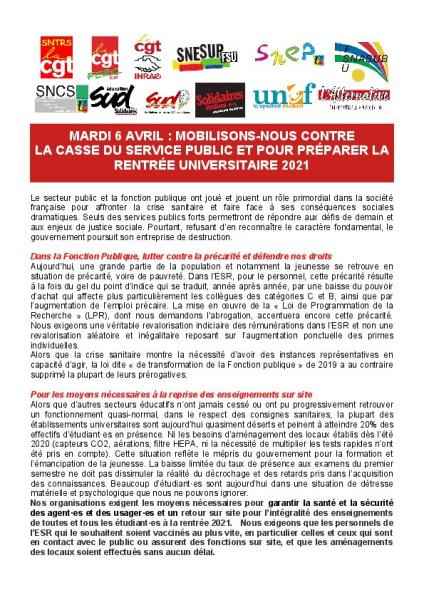 Mardi 6 avril  : Mobilisons-nous contre  la casse du service public et pour préparer la rentrée universitaire 2021 - communiqué intersyndical du 30 mars 2021