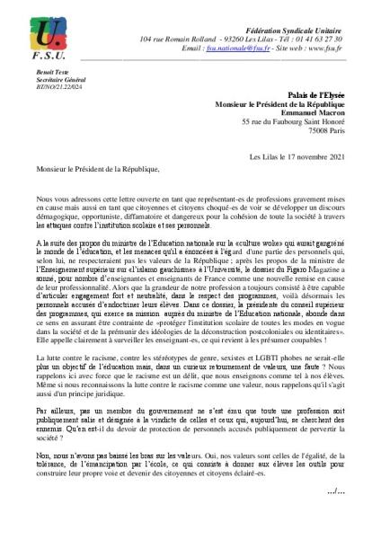 Lettre ouverte au Président de la République suite aux attaques successives contre les personnels de l'éducation -  Lettre de la FSU du 17 novembre 2021