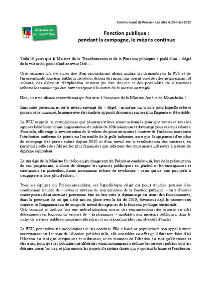 Fonction publique : pendant la campagne, le mépris continue - Communiqué de presse FSU du 23 mars 2022