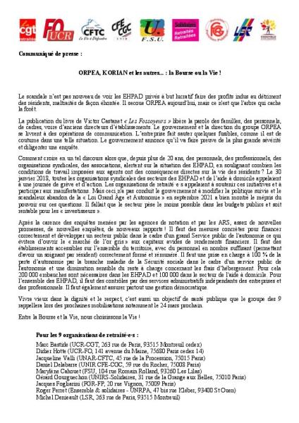 ORPEA, KORIAN et les autres... : la Bourse ou la Vie ! - Communiqué de presse du groupe des 9 du 11 février 2022
