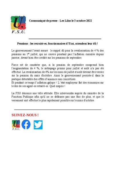 Pensions : les retraité-es, fonctionnaires d’Etat, attendent leur du ! Communique de presse FSU du 3 octobre 2022