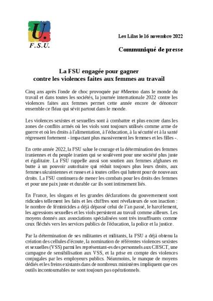La FSU engagée pour gagner contre les violences faites aux femmes au travail - Communiqué de presse FSU du 16 novembre 2022