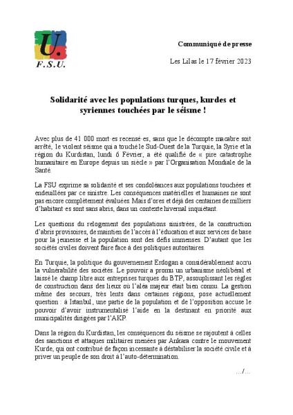 Solidarité avec les populations turques, kurdes et syriennes touchées par le séisme - Communiqué FSU du 17 février 2023