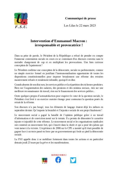 Intervention d’Emmanuel Macron : irresponsable et provocatrice ! - Communiqué de la FSU du 22 mars 2023