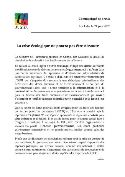La crise écologique ne pourra pas être dissoute - Communiqué FSU du 21 juin 2023 