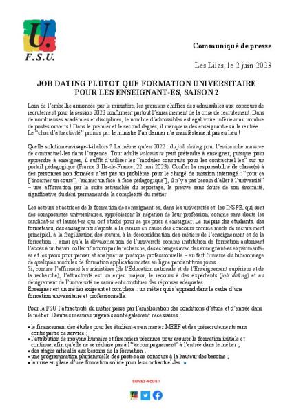 JOB DATING PLUTÔT QUE FORMATION UNIVERSITAIRE POUR LES ENSEIGNANT-ES, SAISON 2 - Communiqué FSU du 2 juin 2023