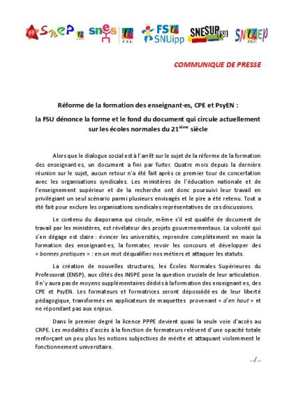 Réforme de la FDE, CPE et PsyEN : la FSU dénonce la forme et le fond du document qui circule actuellement sur les écoles normales du 21ième siècle - Communiqué intersyndical du 3 avril 2024