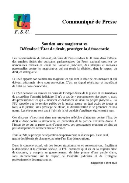 Soutien aux magistrats - Communiqué FSU du 3 avril 2023