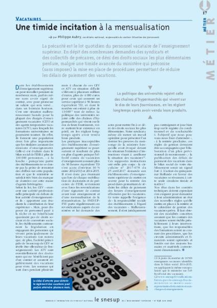 Vacataires : Une timide incitation à la mensualisation/N° 656 JUIN 2017